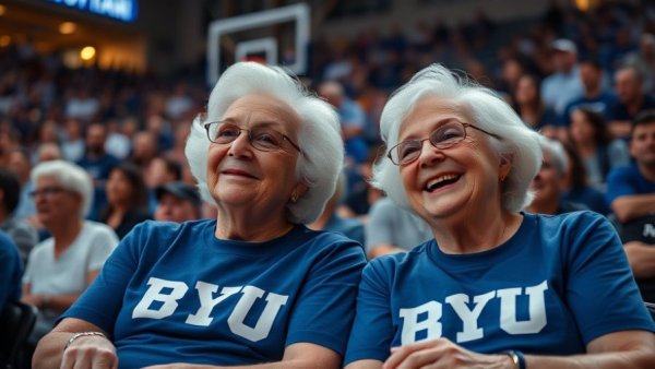 Elderly women in BYU shirts enjoy a basketball game.