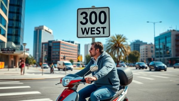 Urban cycling sign near scooter riders, Salt Lake City road safety context.