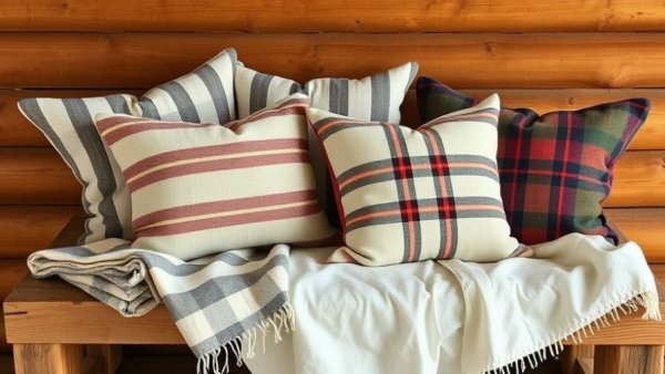 Belgian linen pillows and throws on a rustic bench.