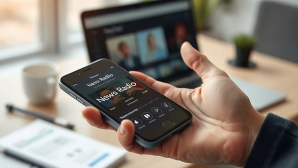 News radio app on phone in a modern workspace, promoting community events in Salt Lake City.