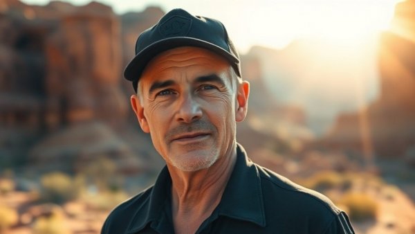 Living in Utah: Man in front of scenic Utah landscape with sunburst.