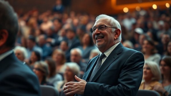 Elderly man smiling and greeting, building faith and humility in a crowd.