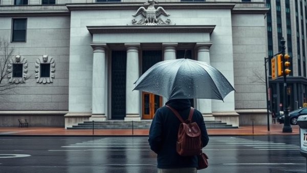 Federal Reserve Bank corner in rain, related to household credit troubles.