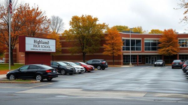 Highland High measles exposure; school's parking lot and sign.