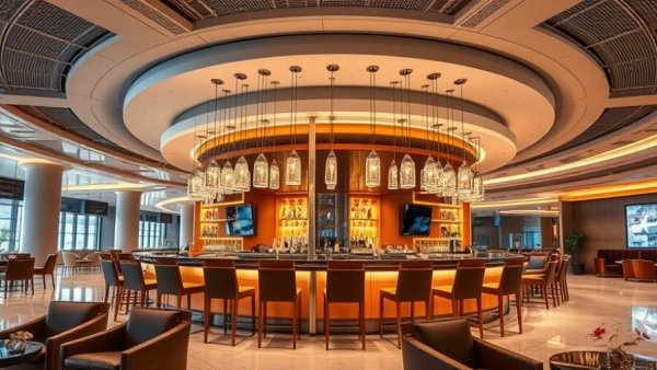 Luxurious SLC International Airport lounge with circular bar.