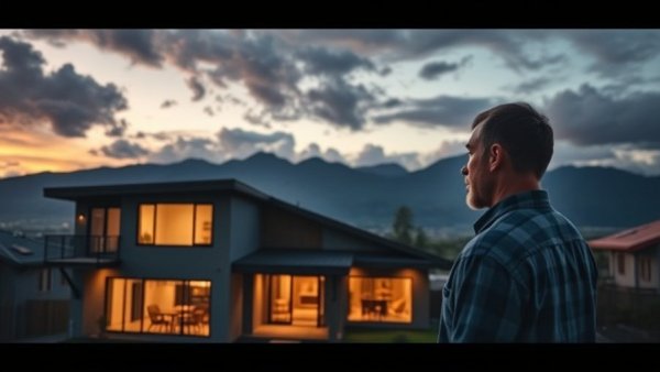 Modern house with concerned man in Utah, real estate market changes.