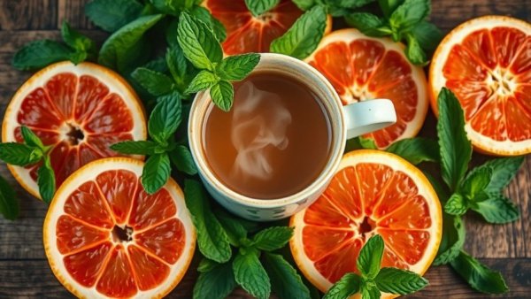 Grapefruit-Mint Tea Recipe with fresh grapefruit and mint leaves.