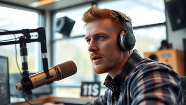 Radio host speaking into microphone in a Salt Lake City studio, Salt Lake City community stories.