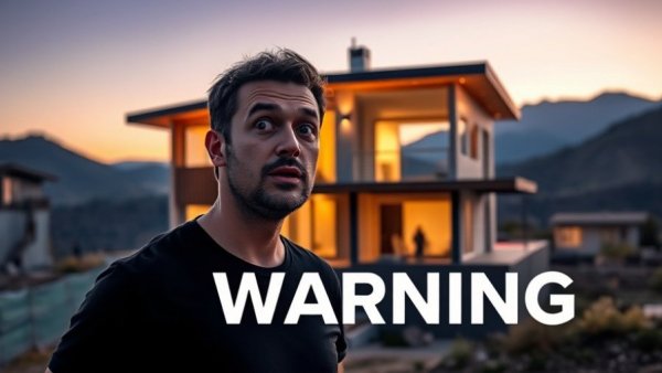 Surprised man near new construction home in Utah, twilight setting.