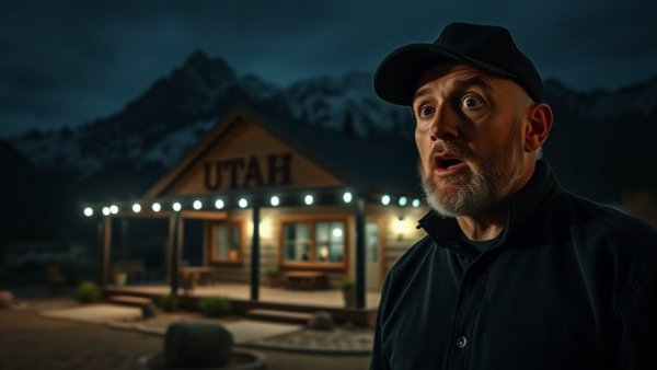 Surprised man in front of a rustic Utah house at night, cinematic.