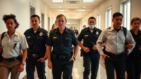 ICE arrests in Utah courthouses, officers escort individuals.