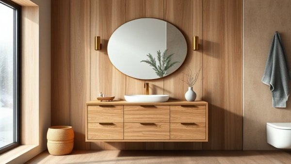 Elegant bathroom vanity in modern mountain home with wood finish and oval mirror.