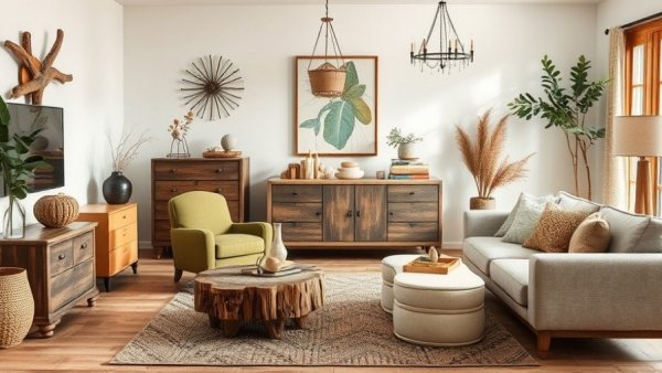 Rustic earthy home decor collection with wooden table and chic lighting.