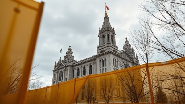 Salt Lake Temple viewed through yellow barriers at open house event.