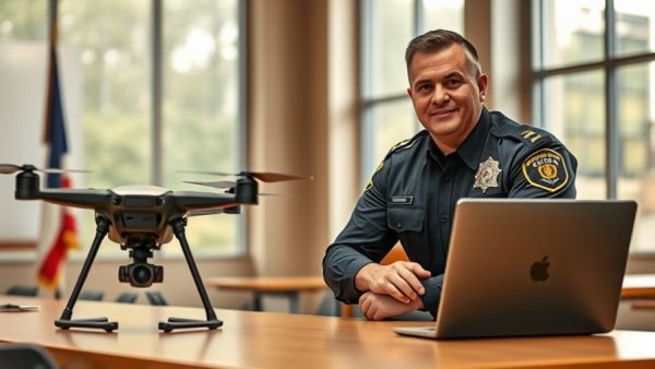 Police officer demonstrating drone at Salt Lake City police training facility.