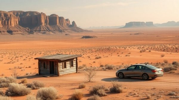 Rugged desert terrain of Grand Staircase-Escalante with car and wooden structure.