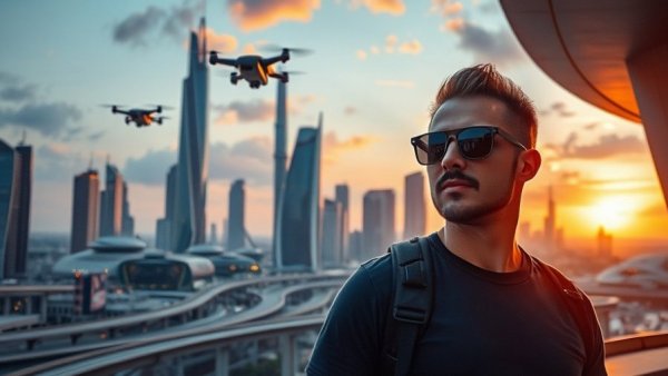 Futuristic urban skyline in Utah with modern architecture and flying cars.