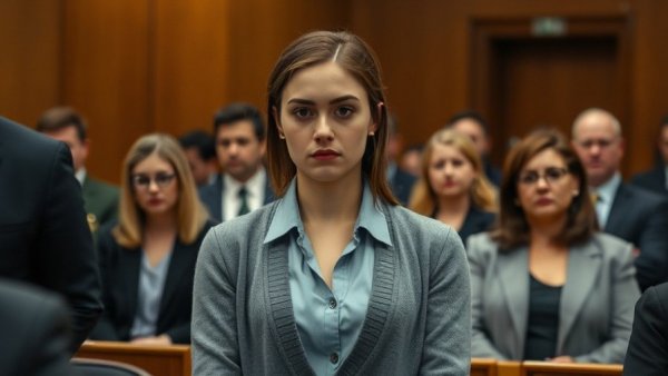 Serious young woman in courtroom charged with aggravated murder.