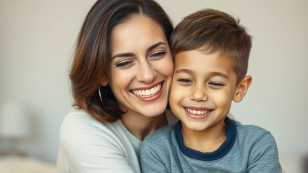Close-up of a smiling woman and young boy, candid moment.