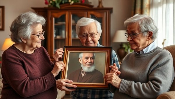 Artist’s portrait offers comfort in a cozy living room with elderly individuals.