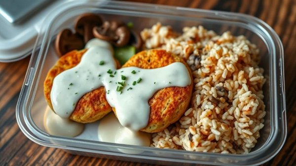 Fresh meal delivery service showcasing crab cakes, rice, and mushrooms.