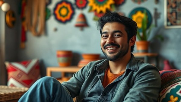 Casually dressed individual in room with Mayan decorations, smiling warmly.