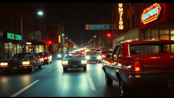 Vintage cars on dark Utah streets in the 1970s, motion blur.