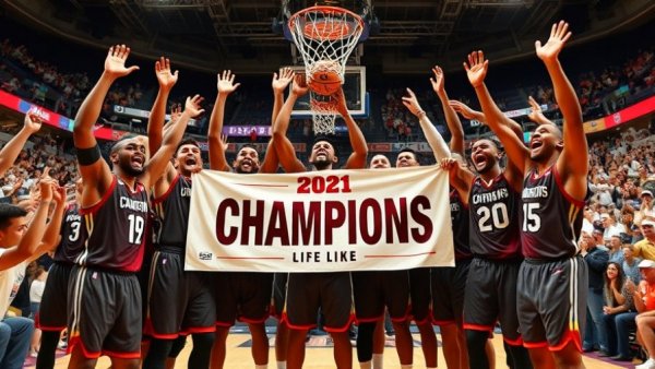 March Madness basketball team celebrating victory with banner indoors.