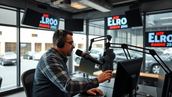 Radio host discussing community spirit in Salt Lake City, studio setting.