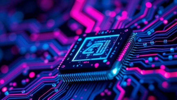 Futuristic microchip representing AI innovation by Utah companies, vibrant scene.