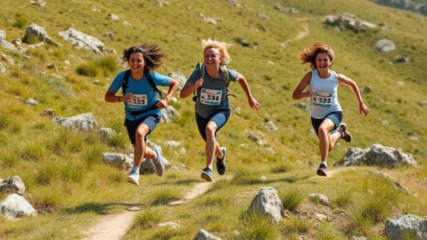 Ultra-running event with enthusiastic runners leaping on a hillside.