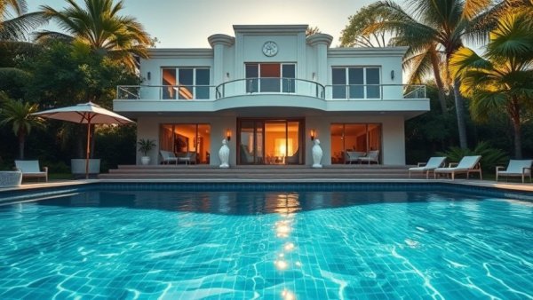 Art Deco inspired luxury home with elegant poolside view.