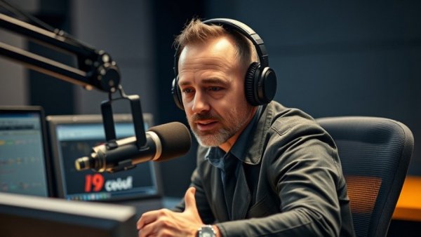 Utah community radio host preparing for morning broadcast.