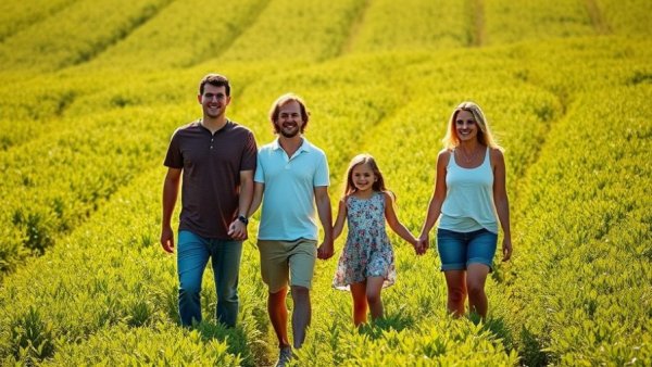 Happy family of four holding hands in a green field.