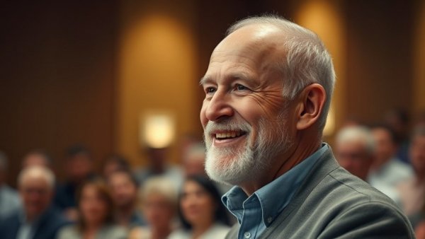 Embracing Optimism in Salt Lake City event with a smiling elderly speaker.