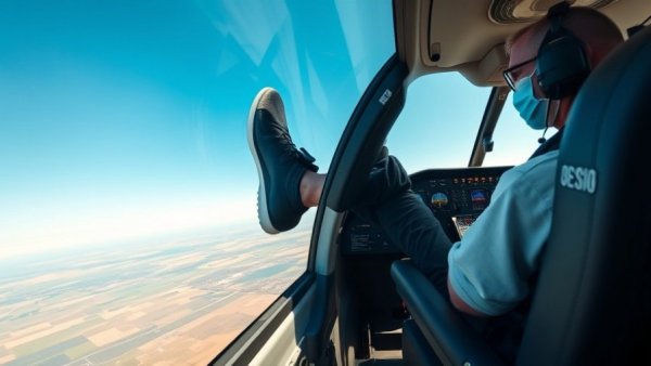 Pilot controls airplane with feet, showcasing remarkable skill.