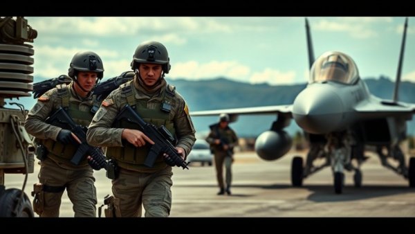 US military personnel with F-15 jet on airbase runway
