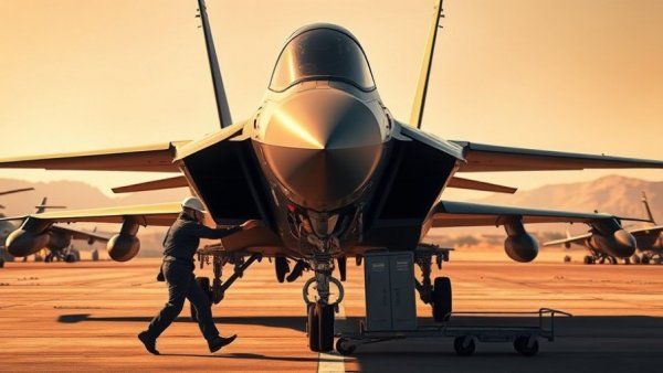U.S. military jet with technician at airbase under warm lighting.