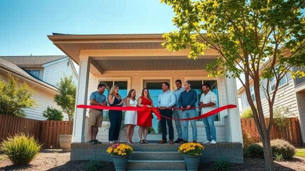 Ribbon-cutting ceremony at energy-efficient house showcasing sustainable design.
