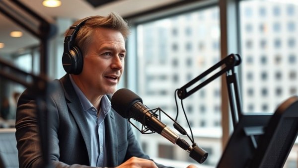 Radio host in Salt Lake City studio discussing local businesses.