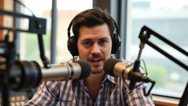 Radio host broadcasting live in Salt Lake City studio, highlighting community progress.