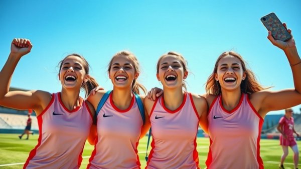Bear River girls lacrosse team celebrates winning streak on sunny field.