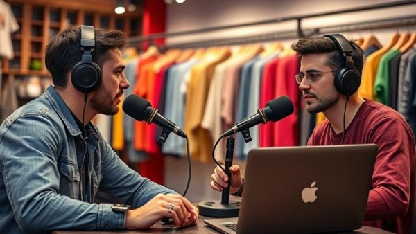 Talk show hosts in a live session surrounded by clothing racks.