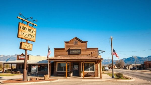 Quaint creamery in small town America under clear blue skies.