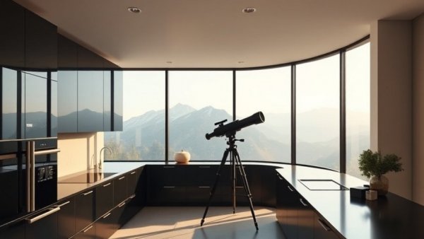 Design N Mind Interiors modern kitchen with telescope and mountain view.
