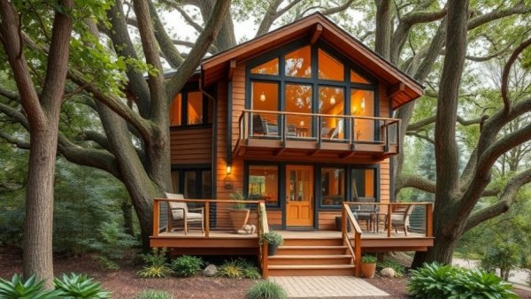 Modern treehouse renovation with lush surroundings and wooden design.