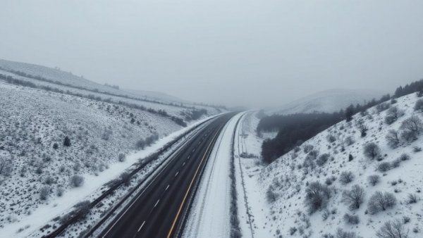 Snow falling in Cache County on a highway, overcast sky.