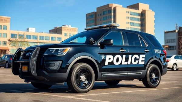 Herriman City police vehicle parked with buildings in background.