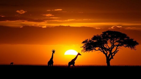 African music community connection, serene sunset with giraffes.