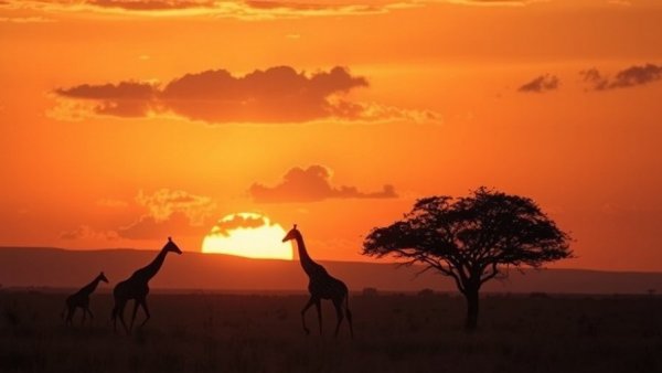 African music community inspired sunset with giraffes and acacia tree.